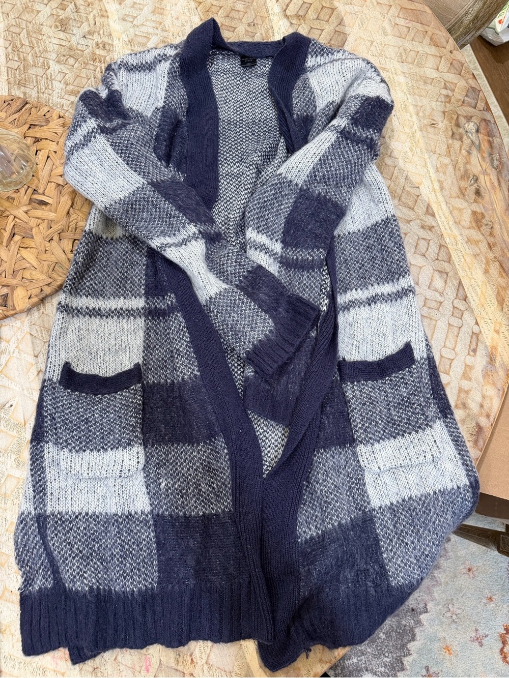 Open-Front Navy and Light Gray Plaid Women's Cardigan